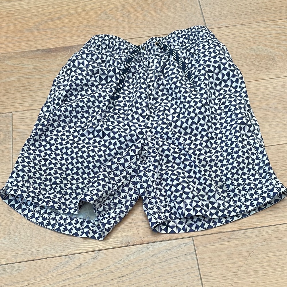 Crewcuts Kids Swim Trunks in Navy and White Geometric